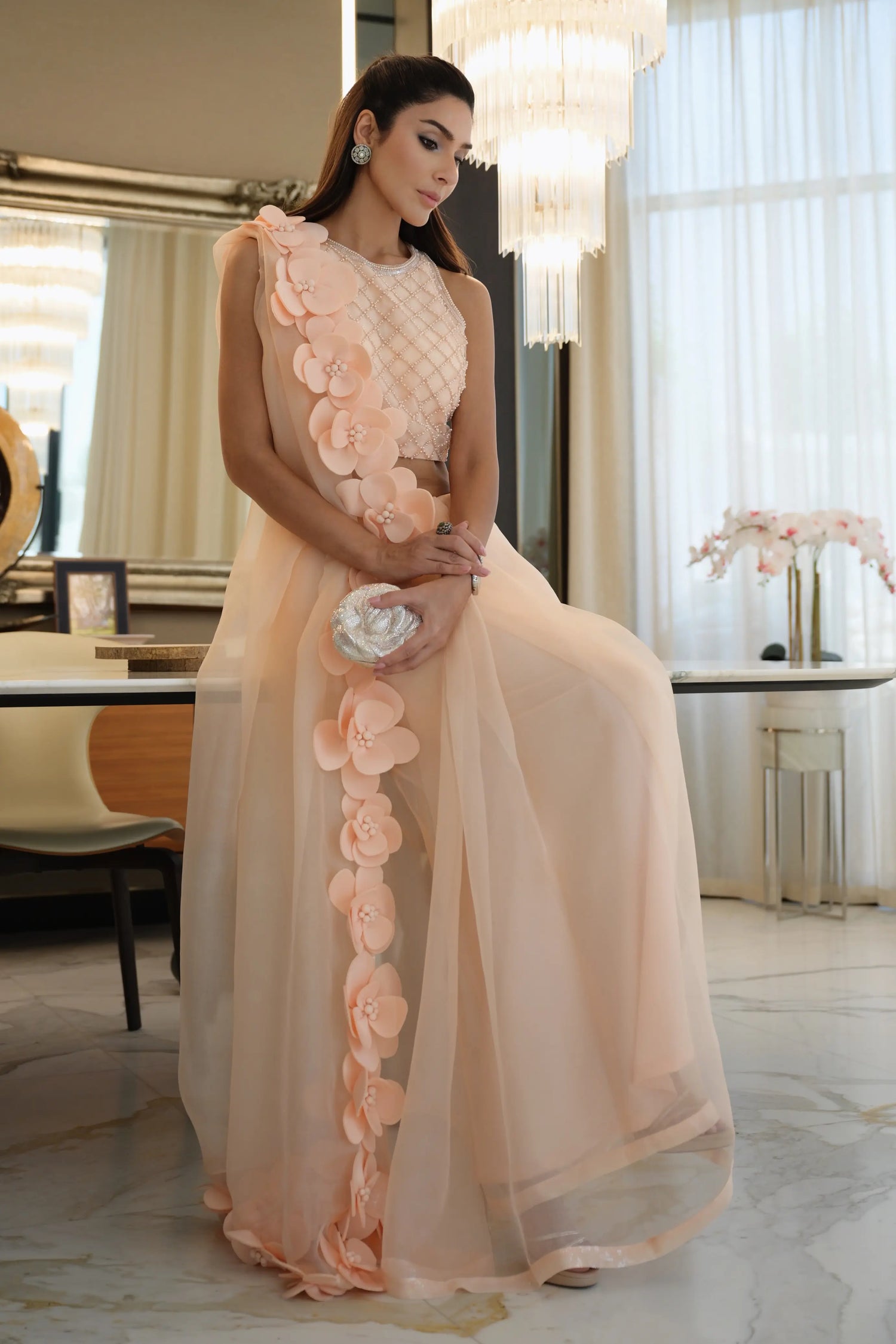 Powder Pink Rose Appliqué Sari