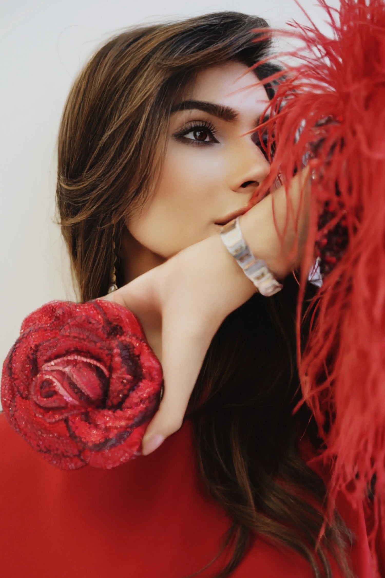 Valentino Red Feather-Cuff Cape Set