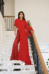 Valentino Red Feather-Cuff Cape Set