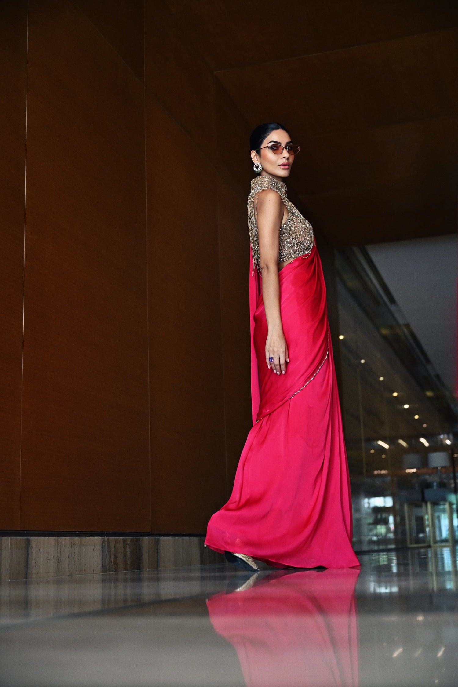 Fuchsia Chain-Embellished Sari