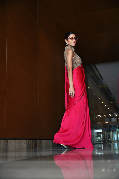 Fuchsia Chain-Embellished Sari