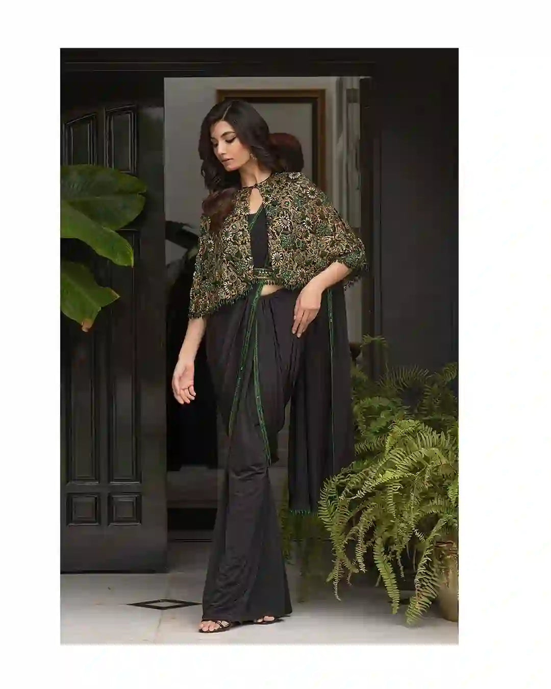 Black Saree with Emerald/Gold Cape