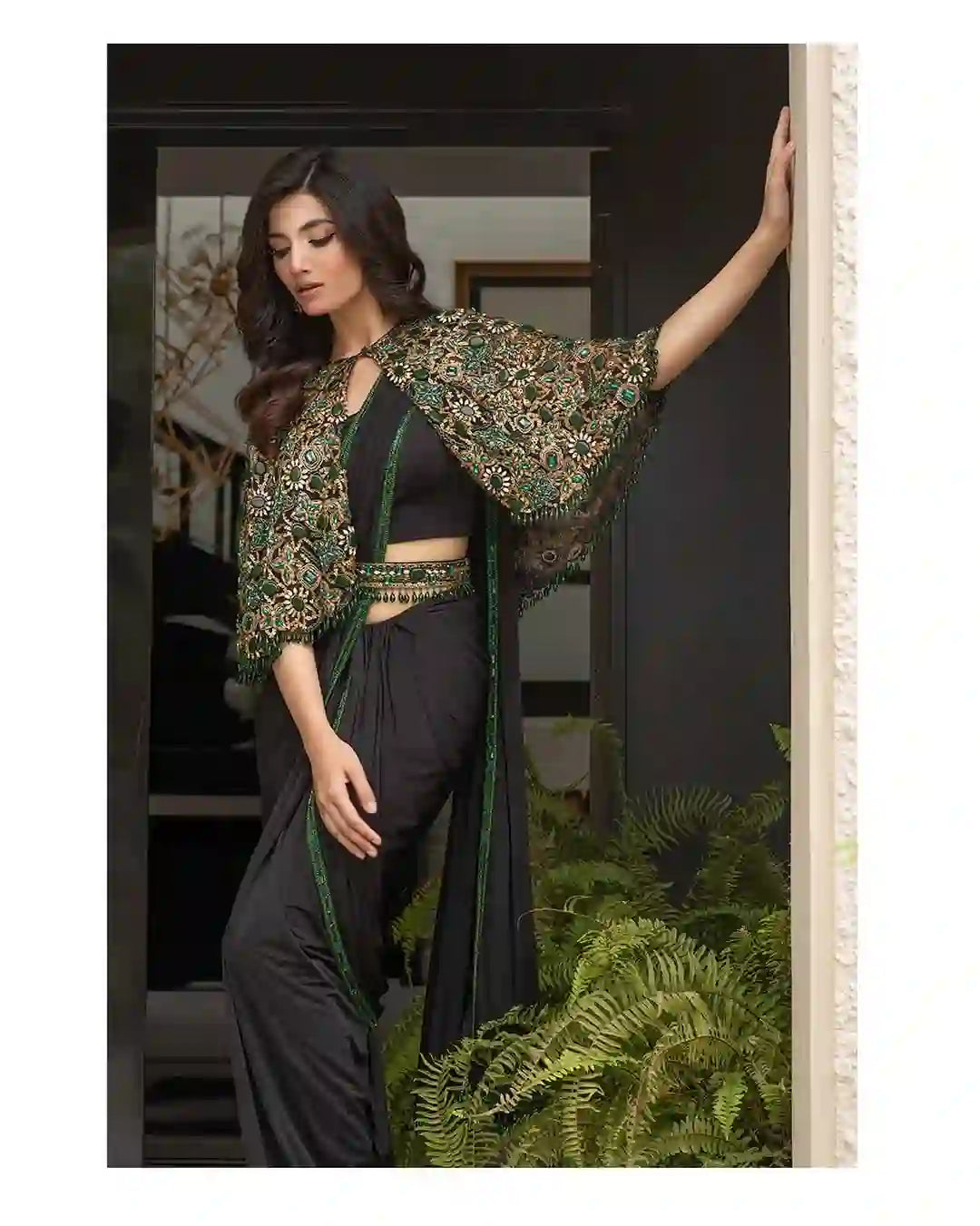 Black Saree with Emerald/Gold Cape