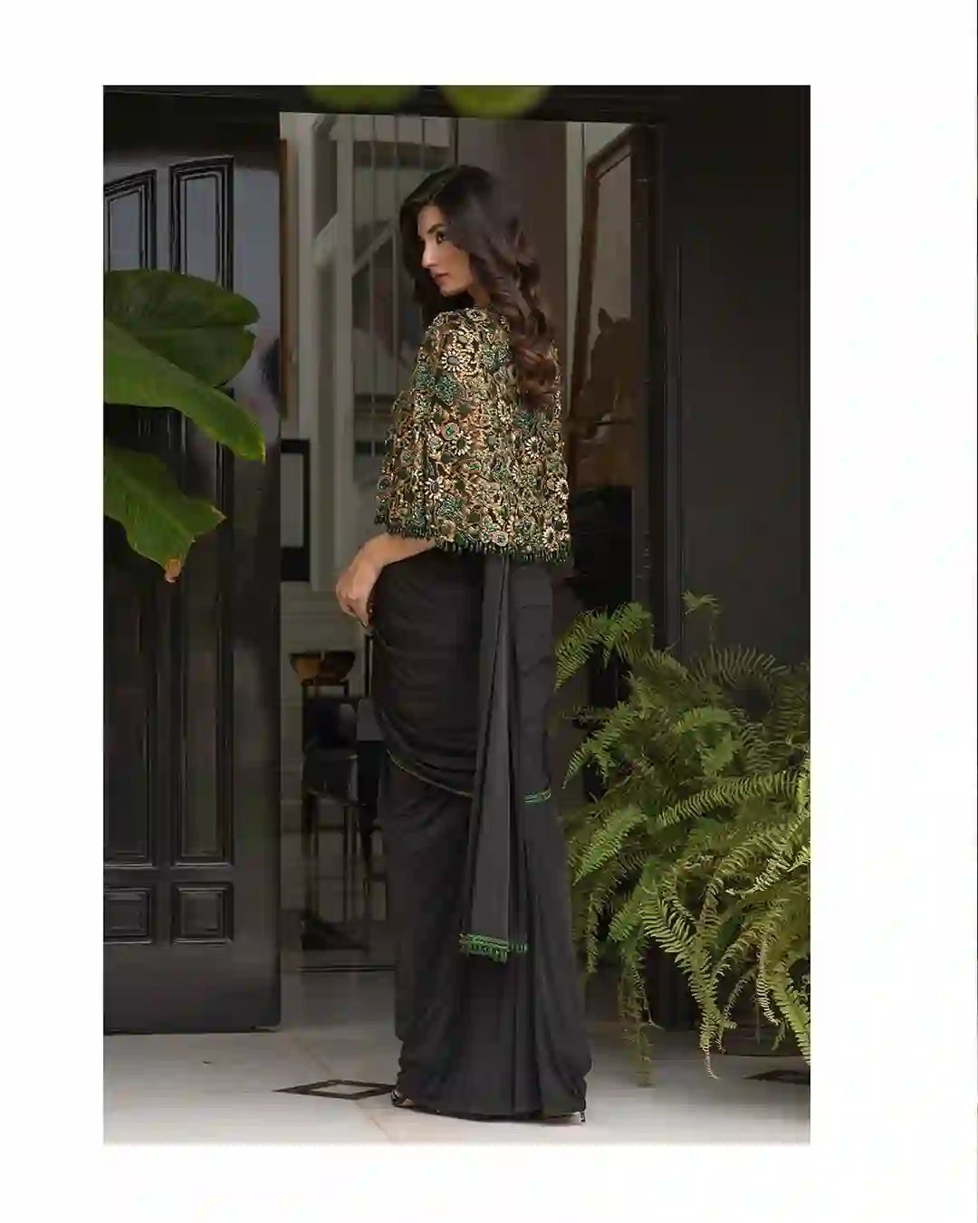 Black Saree with Emerald/Gold Cape