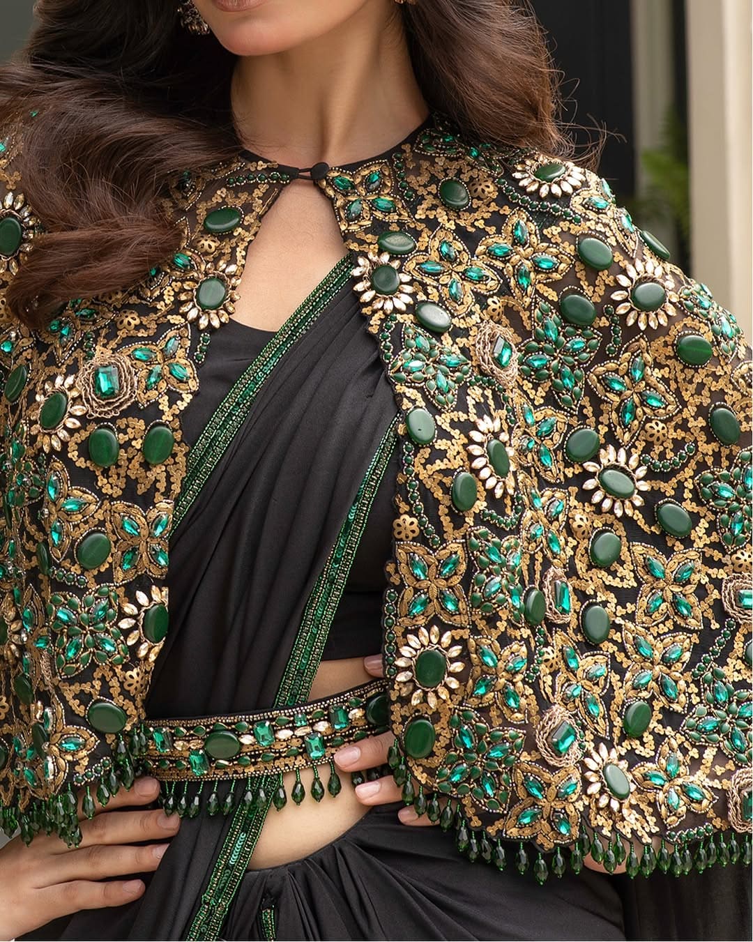 Black Saree with Emerald Beaded Cape by Rashmi Kumari, emerald beaded cape with gold floral embroidery over a black saree