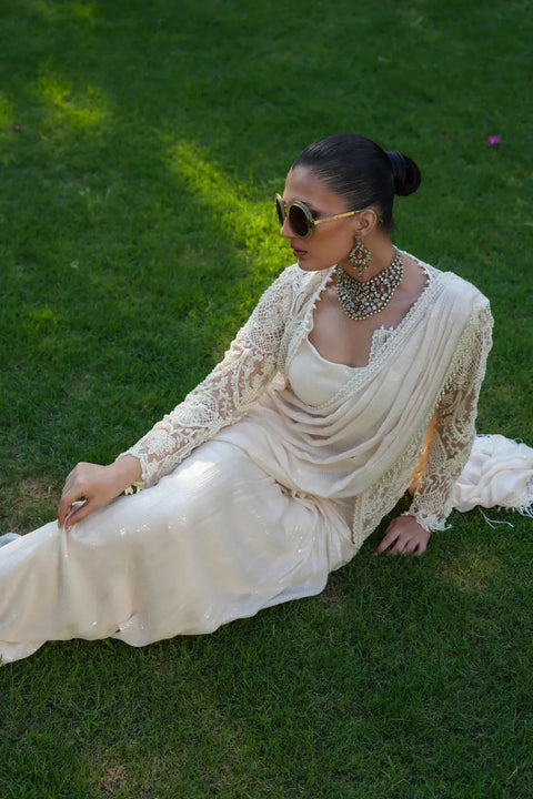 Champagne Lace Drape Saree