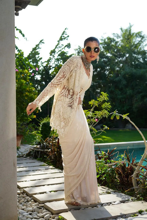Champagne Lace Drape Saree