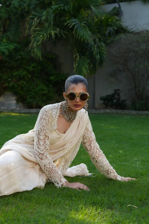 Champagne Lace Drape Saree