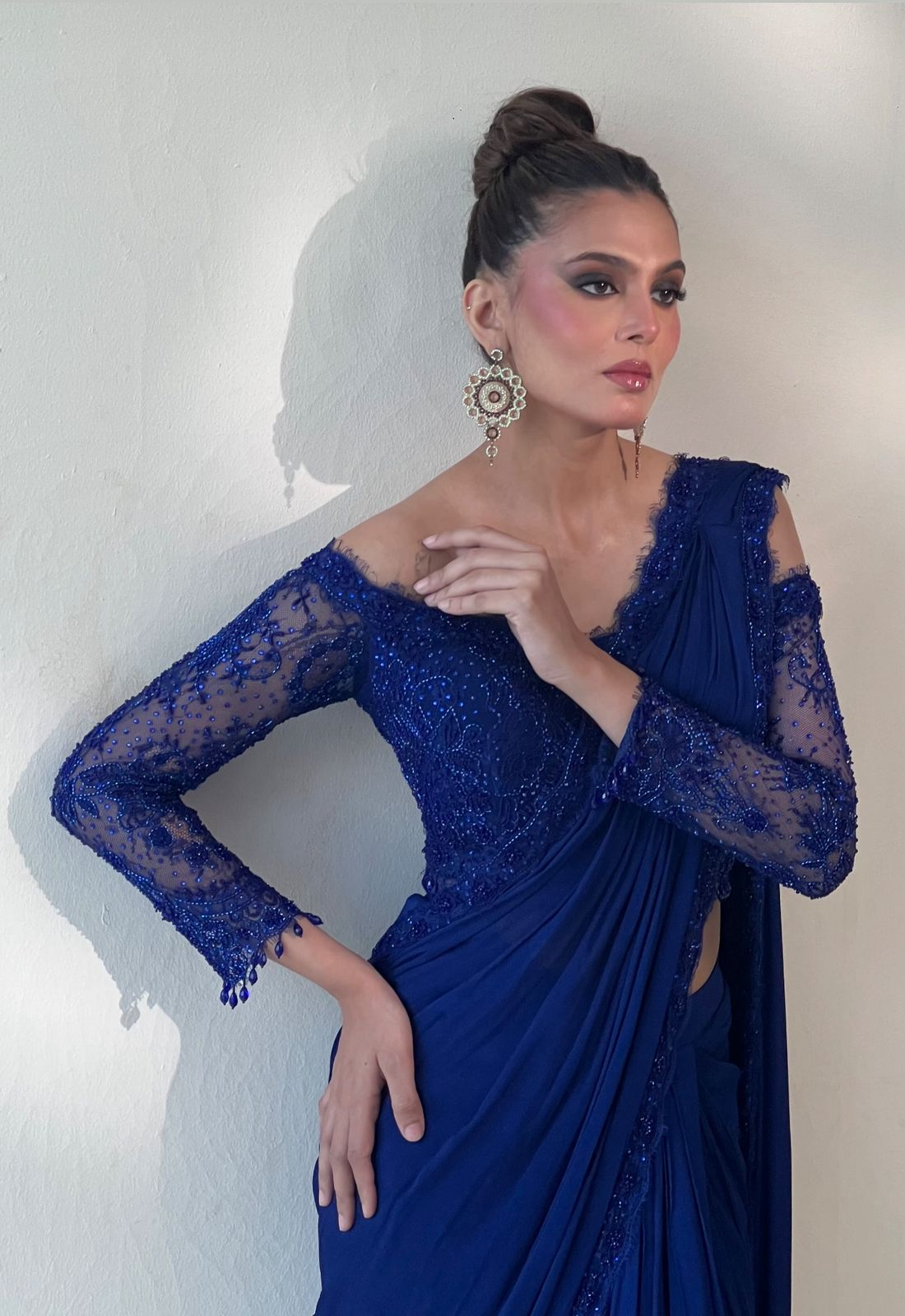 Blue Off shoulder Lace Blouse Saree