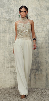 Cream high collar topaz and silver Swarovski crystal jumpsuit